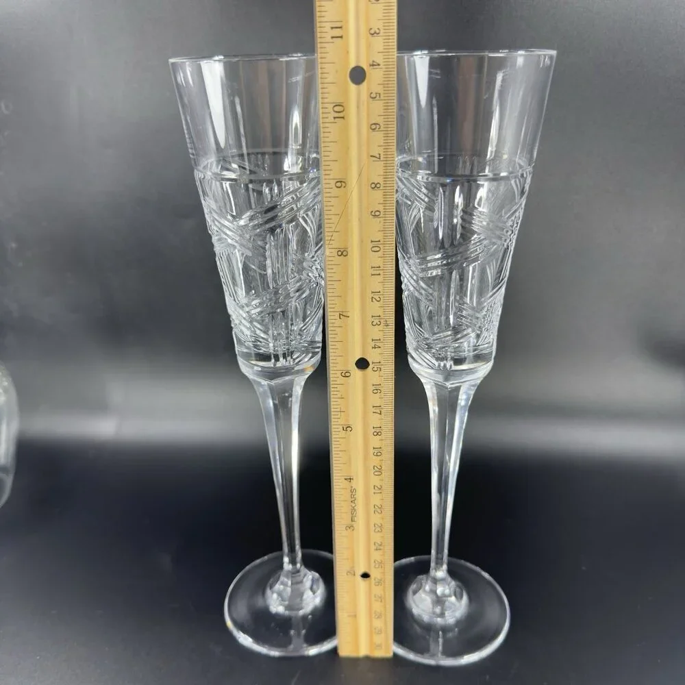 Mikasa Crystal Cross Track Clear Tall Crystal Glass Flute Drinking Glasses Set 2